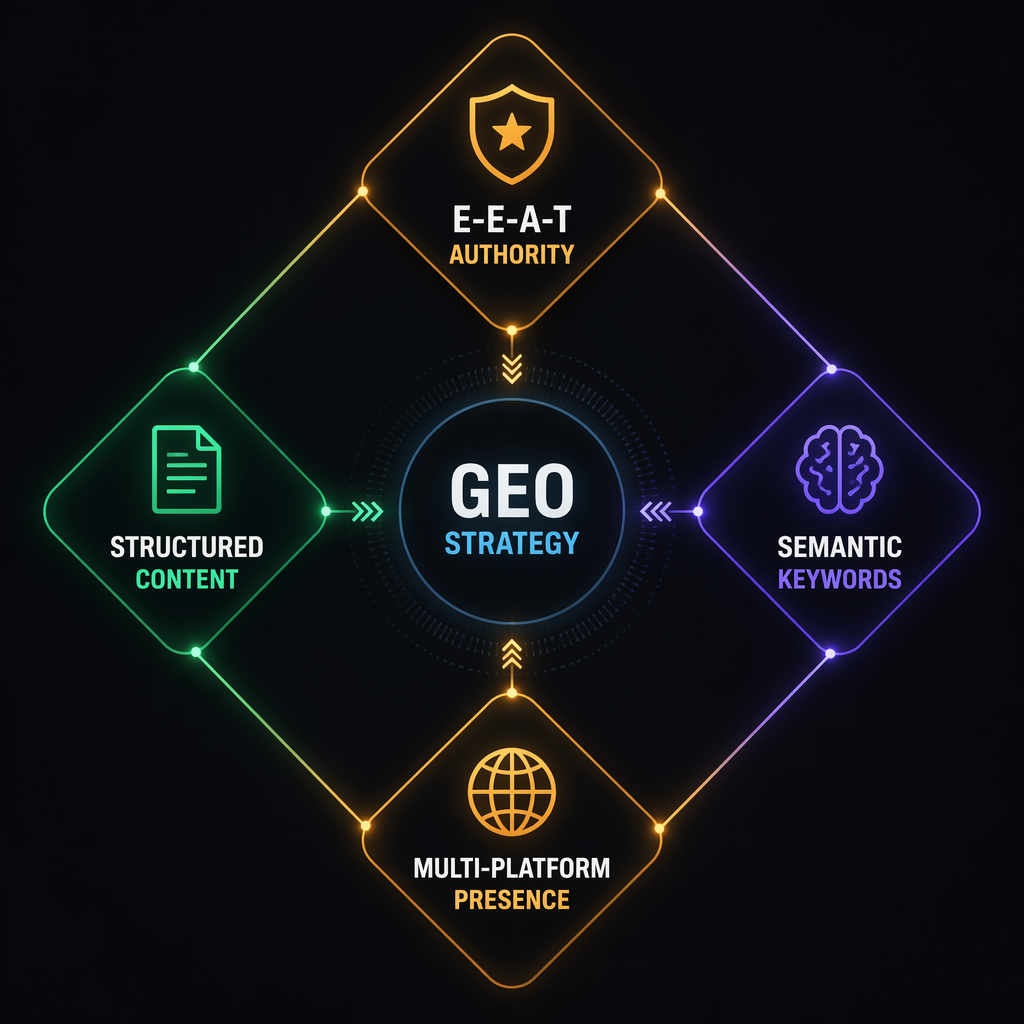 GEO优化四驱策略：E-E-A-T权威性、结构化内容、语义关键词、多平台布局
